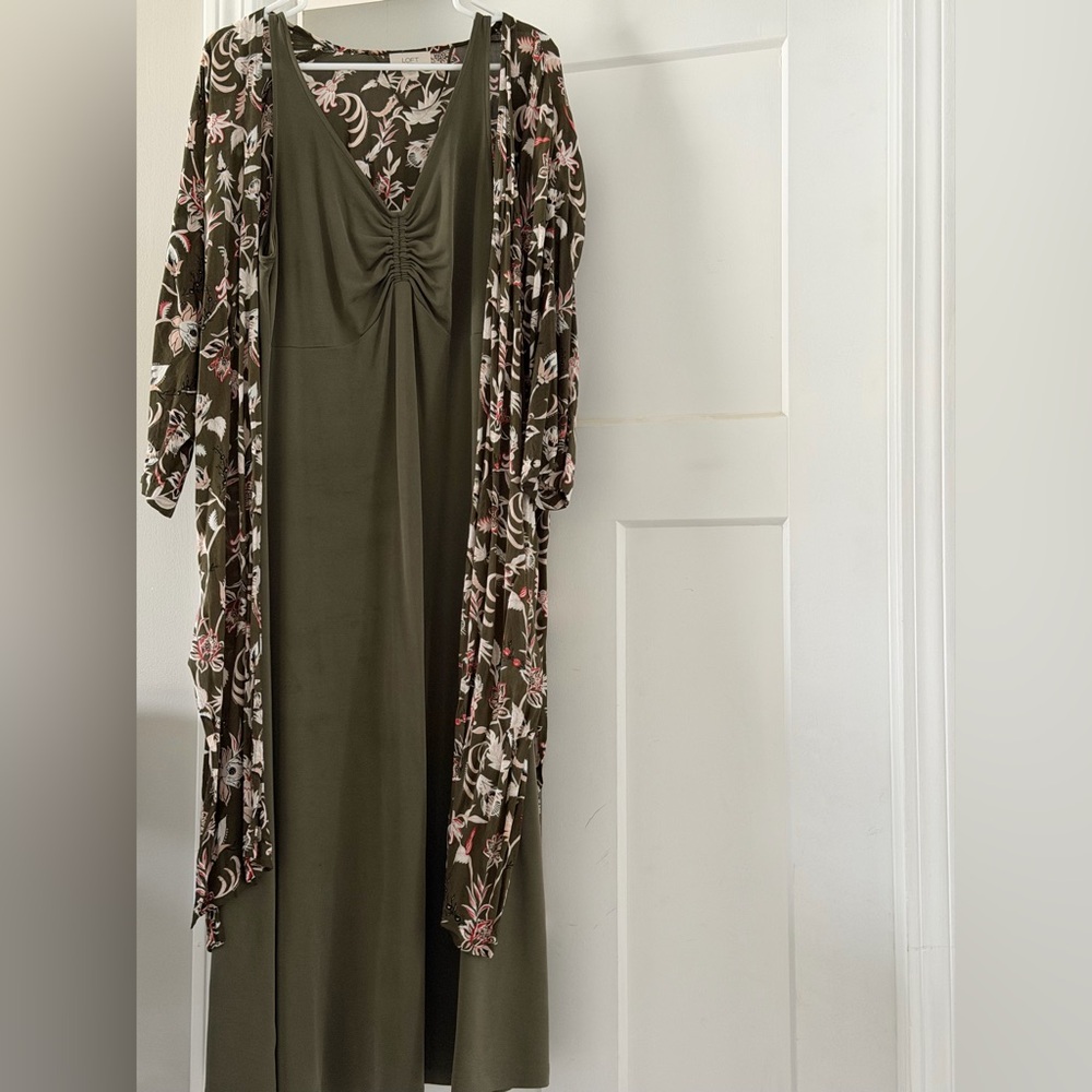 LOFT Olive Green Floral Duster Maxi Dress Set